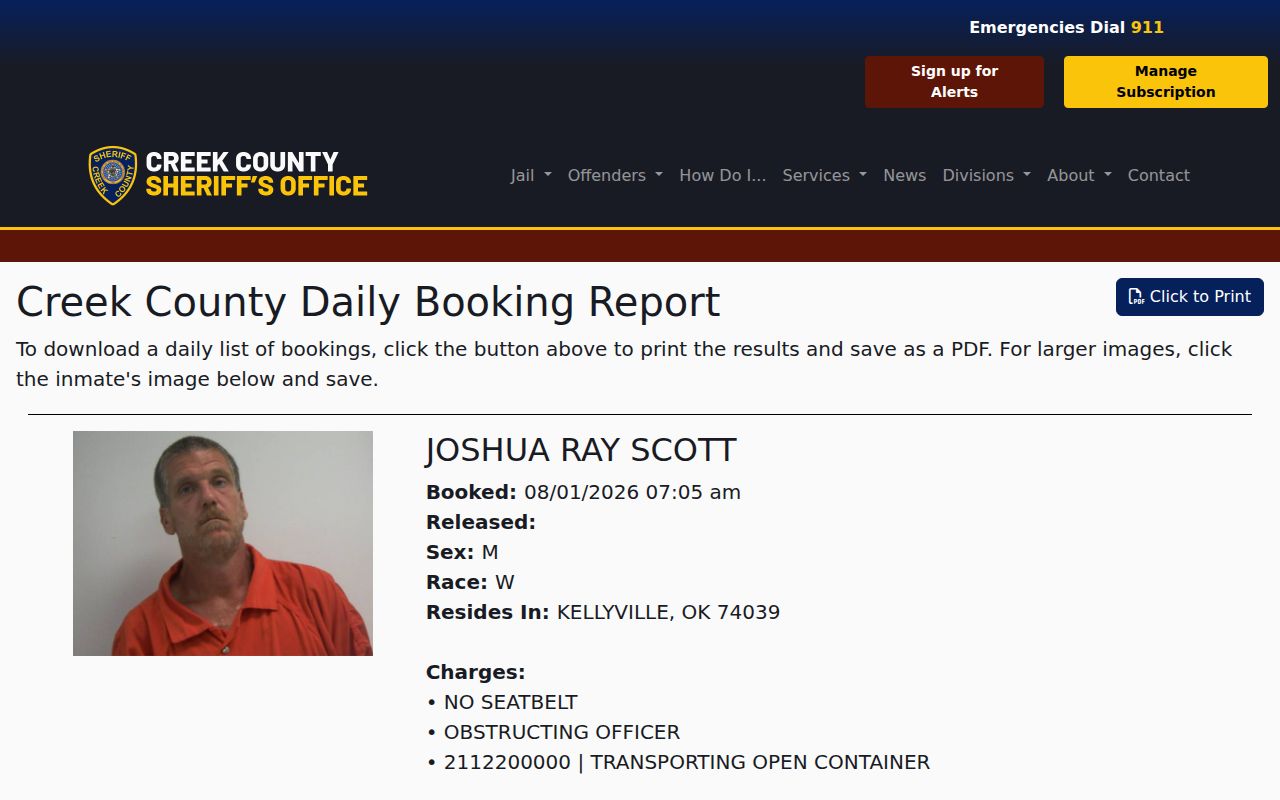 Creek County daily booking report used to check releases in the last 24 hours