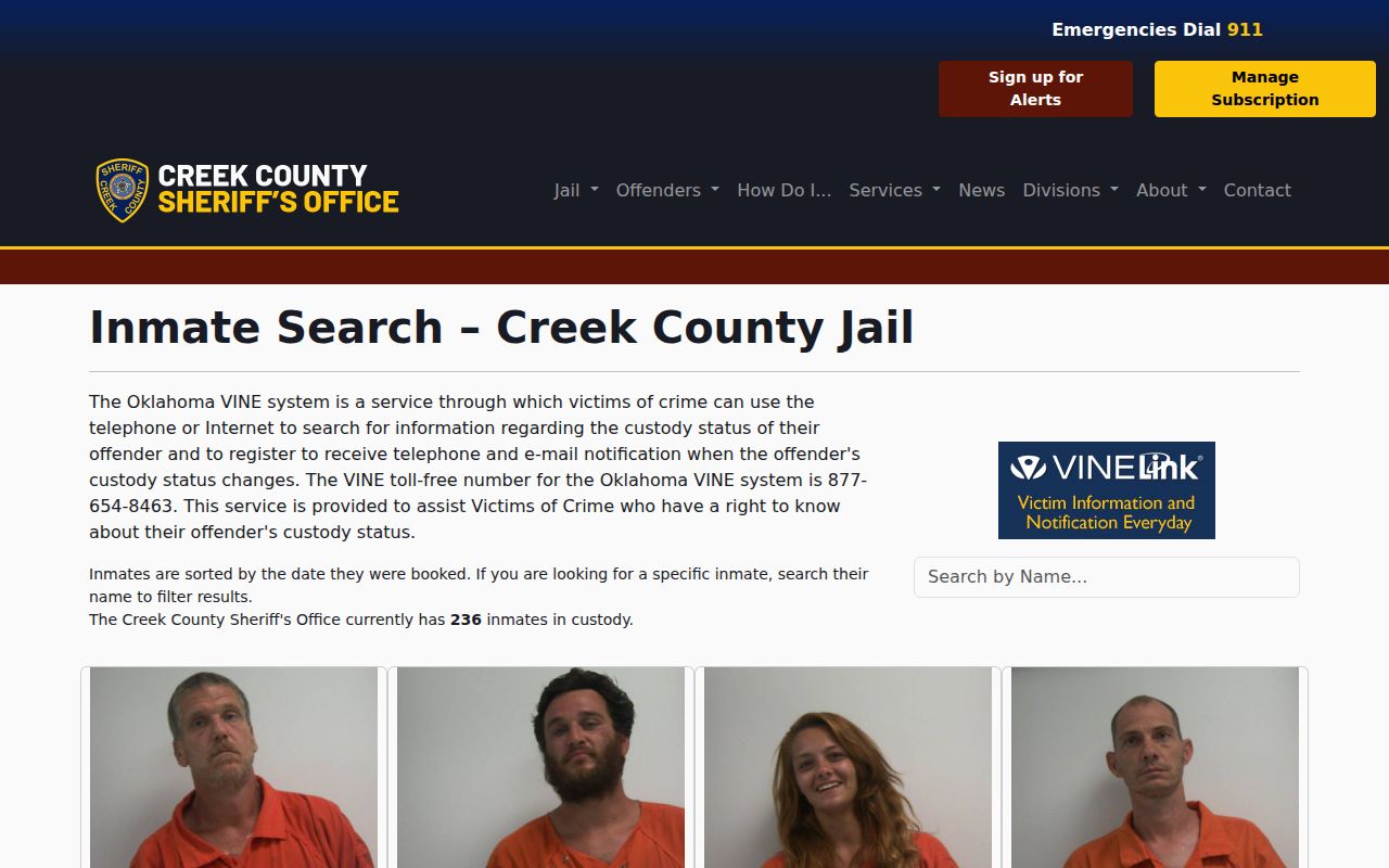 Creek County Justice Center current custody and release search
