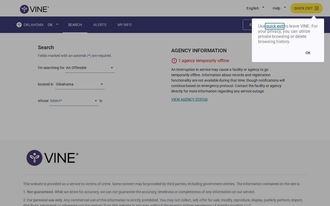 Oklahoma VINELink person search for a Creek County release check
