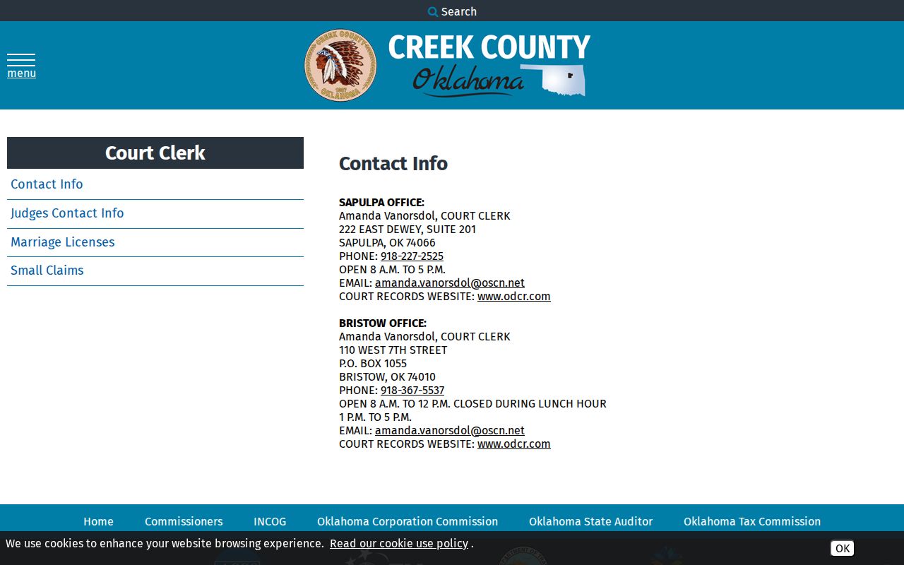 Creek County release record Court Clerk divisions